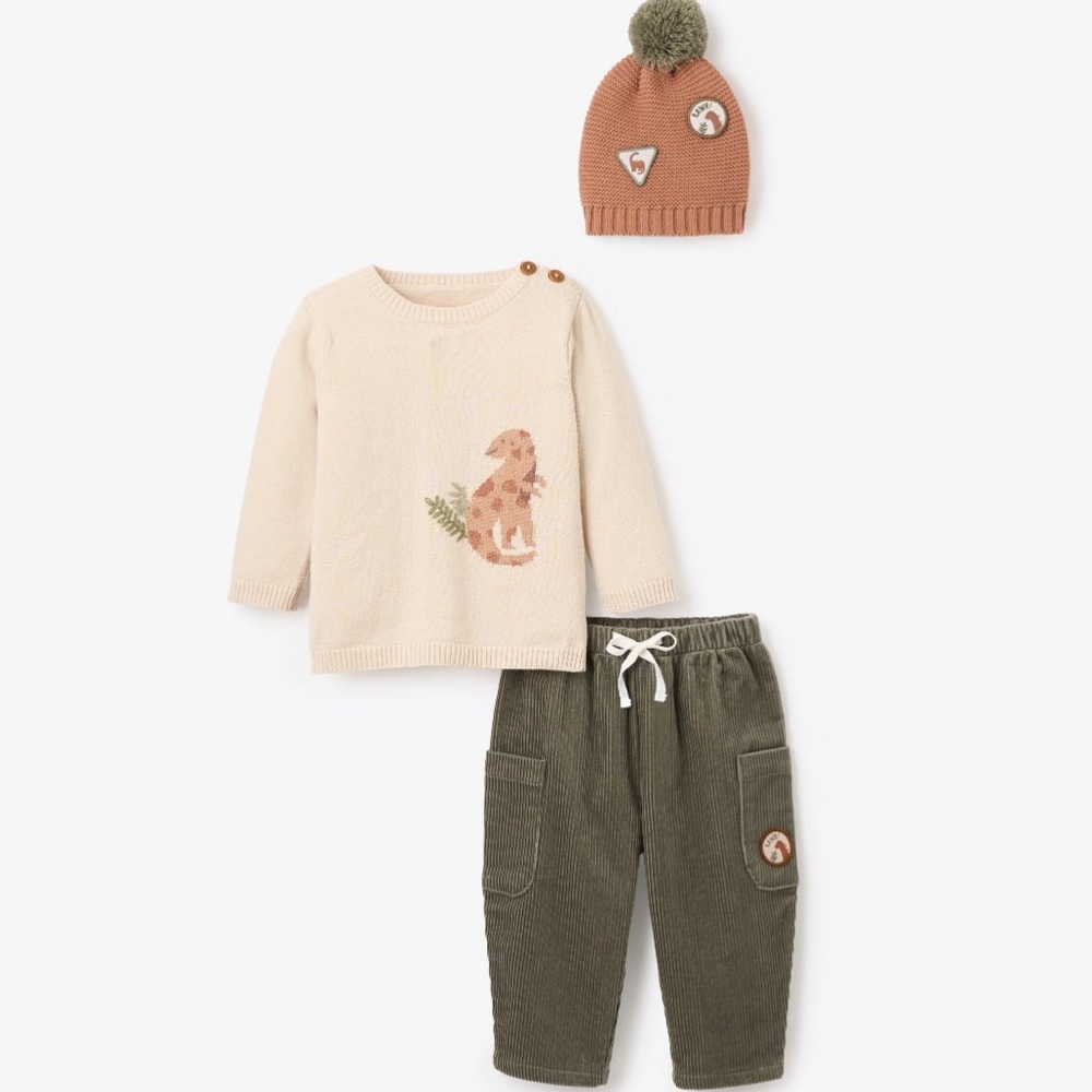 Elegant baby DINOSAUR SWEATER,CORDUROY PANT, & HAT SET 9-12 months kids like new